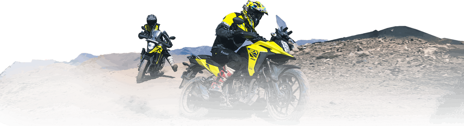Riders on Suzuki V-Strom motorcycles on a mountain trail